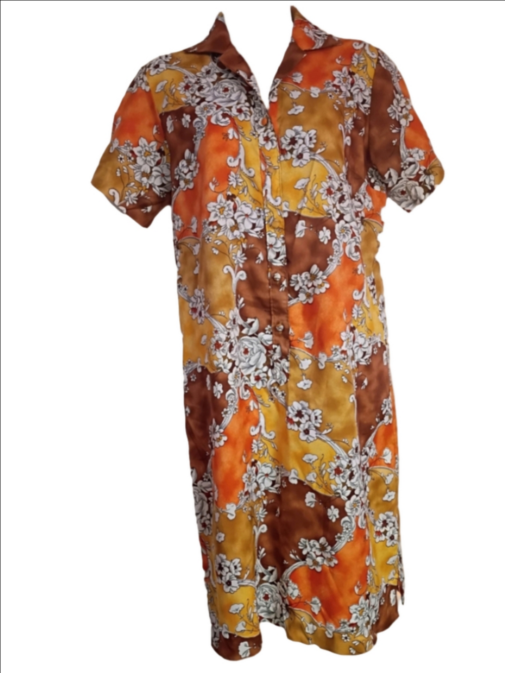 70's Vintage Vibrant Floral Button-Front Dress in Orange, Yellow & Brown